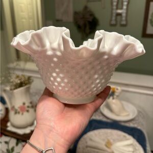 Fenton White Hobnail Milk Glass Ruffled Bowl